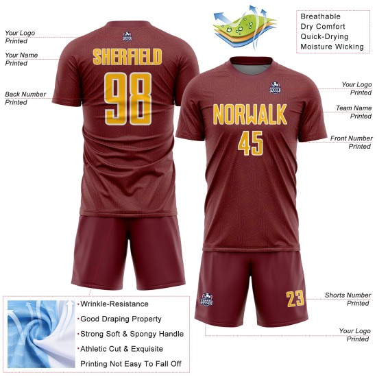 Jersey Custom Burgundy Shape Geometric Uniform Gold-White Sublimation Soccer Sports Jersey Custom Burgundy Shape Geometric Uniform Gold-White Sublimation Soccer Sports