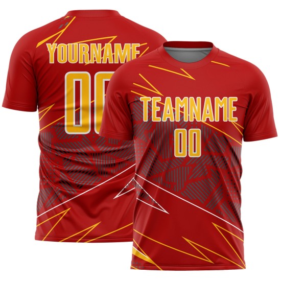 Red Sports Sublimation Jersey Uniform Lines Gold-White Soccer Custom Red Sports Sublimation Jersey Uniform Lines Gold-White Soccer Custom
