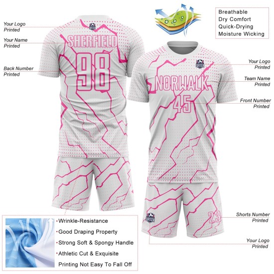 Custom Soccer White Uniform Jersey Sublimation Pink Lightning Sports Custom Soccer White Uniform Jersey Sublimation Pink Lightning Sports