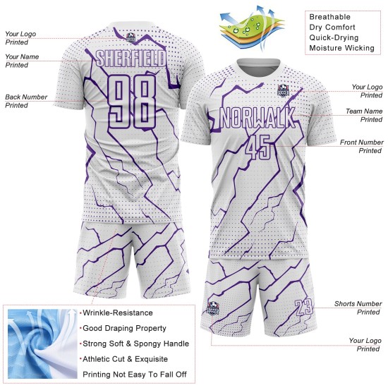 Uniform Sublimation White Purple Custom Sports Soccer Jersey Lightning Uniform Sublimation White Purple Custom Sports Soccer Jersey Lightning