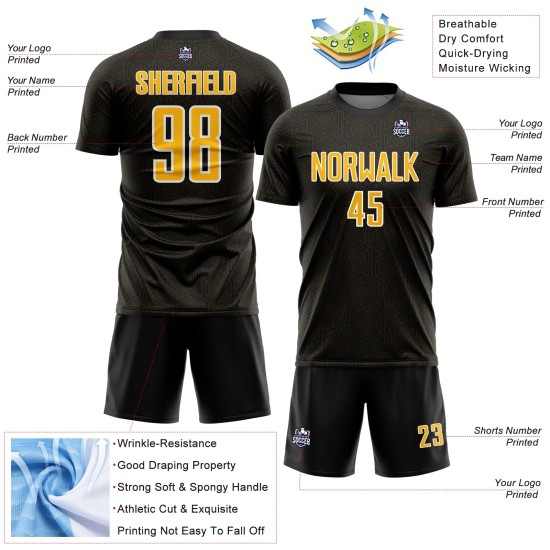 Geometric Custom Uniform Sublimation Soccer Jersey Shape Gold-White Black Sports Geometric Custom Uniform Sublimation Soccer Jersey Shape Gold-White Black Sports